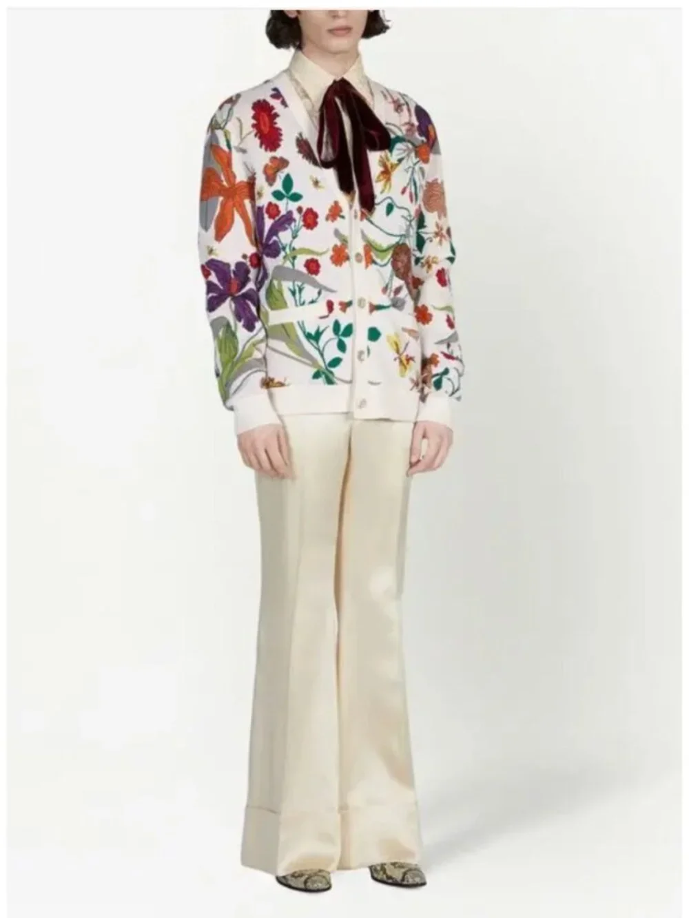 GUCCI Floral Print Wool and Silk Blend Cardigan